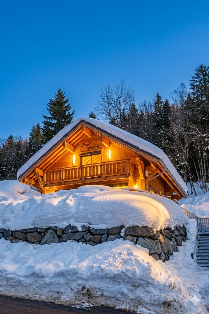 Le chalet clochette en soirée d'hiver
